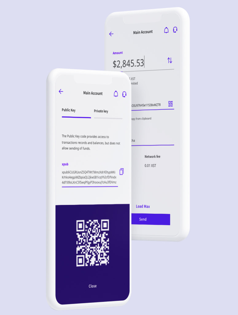 Stealth mobile wallet keymanagement and transfer funds mockup