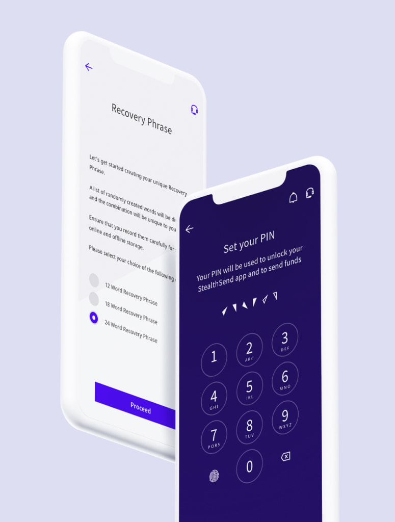 Stealth mobile wallet PIN and recovery screens mockup