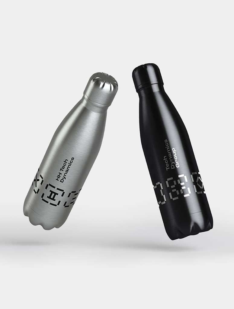 HH Tech Dynamics branded elements: bottles
