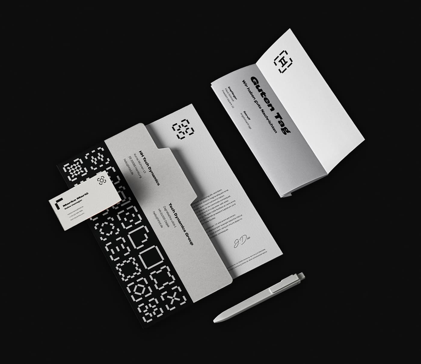 HH Tech Dynamics branded elements: business card, folder, pen