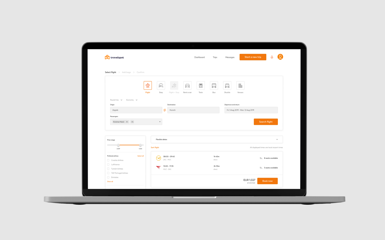 Travelspot web app screen: book a flight