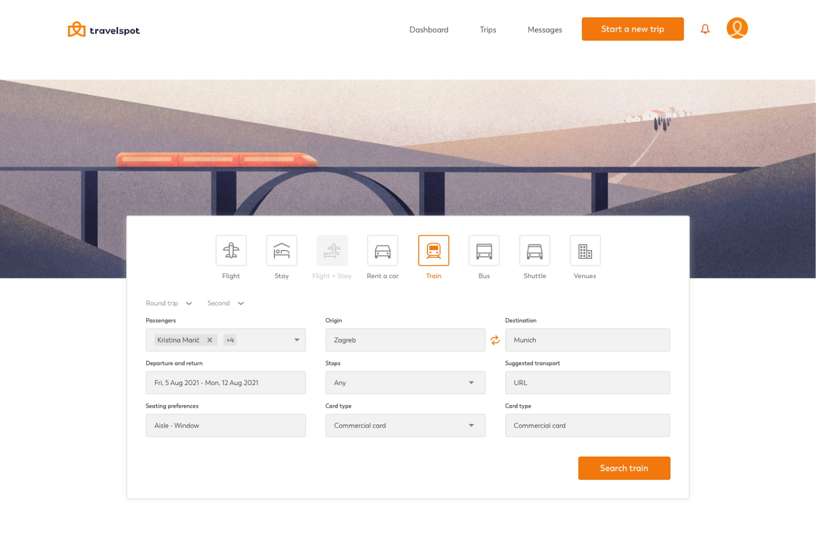 Travelspot web app screen: book a train